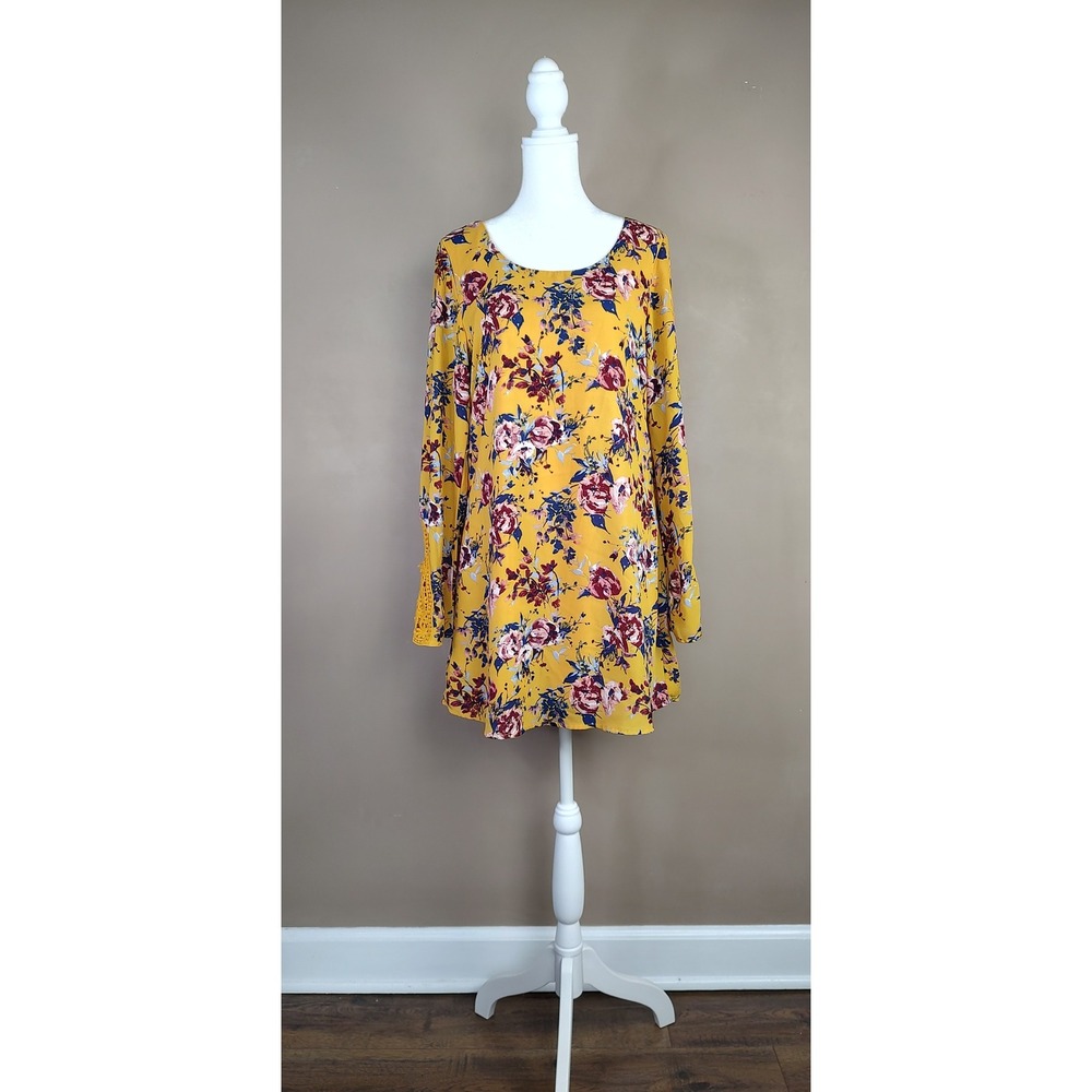 Speechless Womens Mustard Yellow Floral Shift Dress Crochet Lace Sleeve Size M